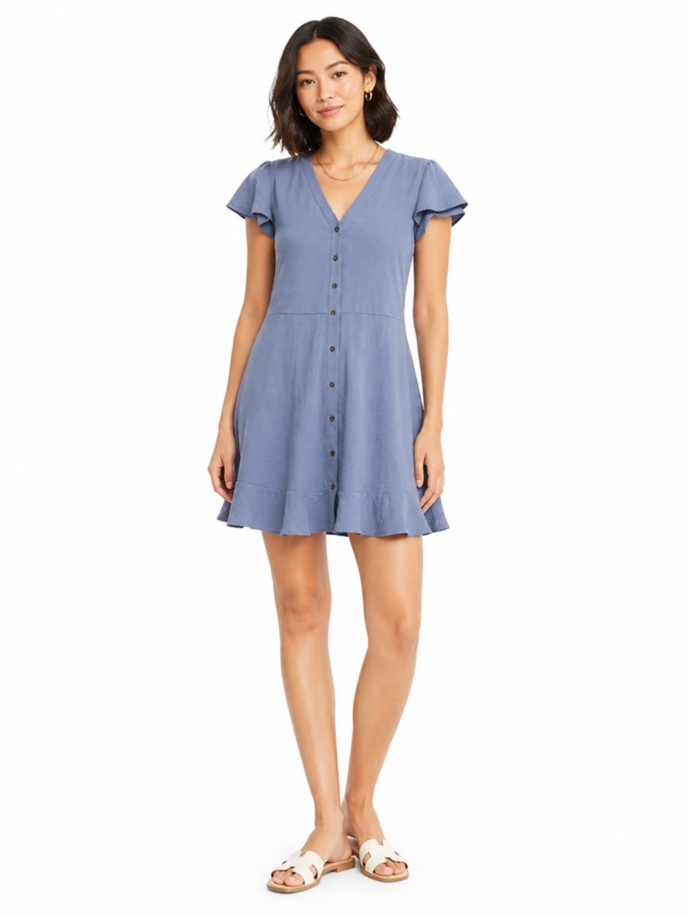 Lucky Brand Women’s Flutter Cap Sleeve Button Front Blue Midi Dress Size Large